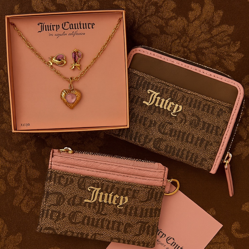 Juicy Couture Brown and Pink Wallet Set with Necklace and earrings-all included!
